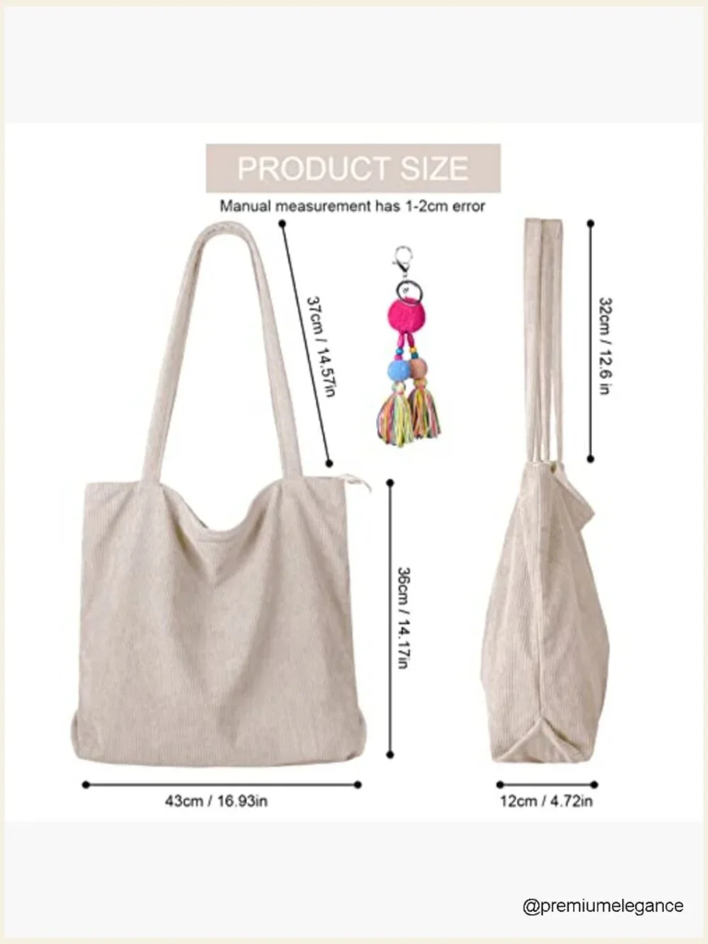 Large Corduroy Hobo Shoulder Bag Zip Closure Inner Pockets Work Travel